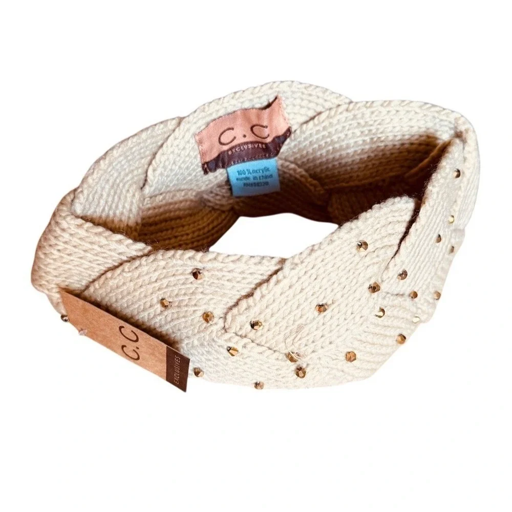 C.C. Exclusives Headband Womens Beige Braided Chunky Knit Gold Studs lot of 12